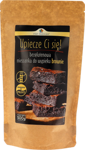 Zdjęcie przedstawia torebkę papierową z etykietą. W torebce znajduje się mieszanka do wypieku brownie bezglutenowego .png