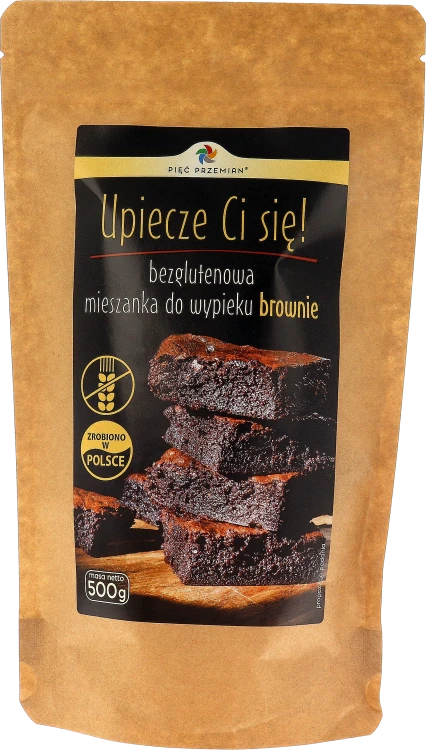 Zdjęcie przedstawia torebkę papierową z etykietą. W torebce znajduje się mieszanka do wypieku brownie bezglutenowego .png
