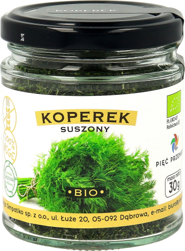 Koperek suszony. Zdjęcie przestawia koperek suszony zapakowany w szkolany słoik z czarna pokrywką..png