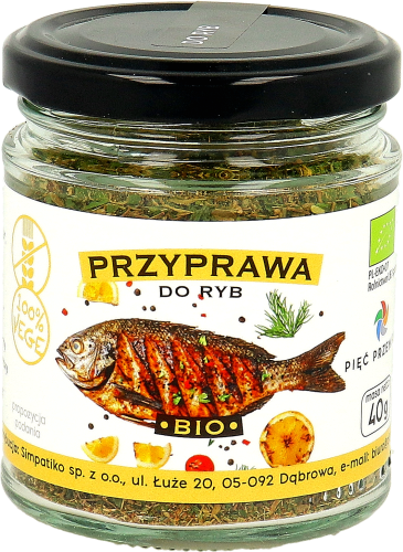 Przyprawa do ryb w szklanym słoiku z czarnym wieczkiem. Masa netto przyprawy 40 g netto