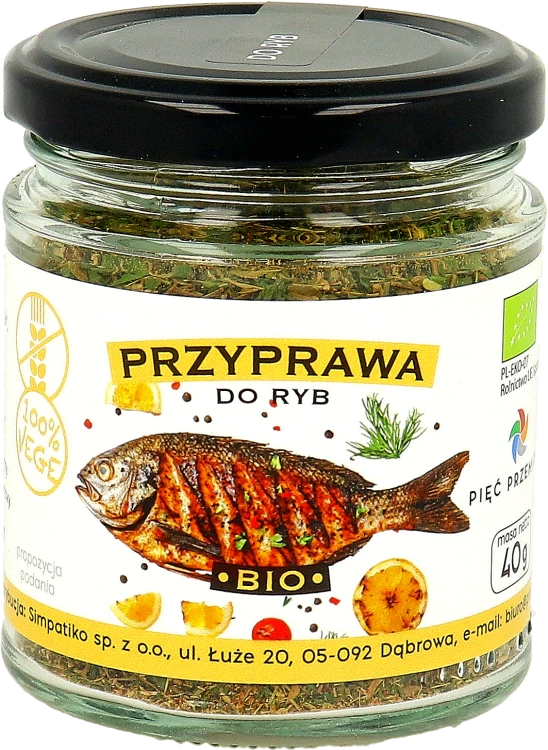 Przyprawa do ryb w szklanym słoiku z czarnym wieczkiem. Masa netto przyprawy 40 g netto
