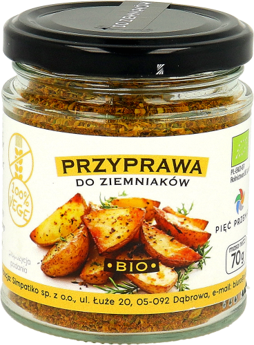 Przyprawa do ziemniaków w szklanym słoiku z czarnym wieczkiem. Masa netto przyprawy to 70 g.