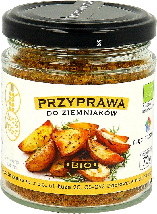 Przyprawa do ziemniaków w szklanym słoiku z czarnym wieczkiem. Masa netto przyprawy to 70 g.