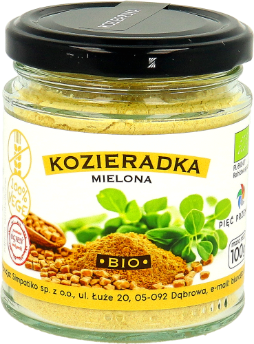 Kozieradka mielona BIO w szklanym słoiku. Masa netto przyprawy 100 g