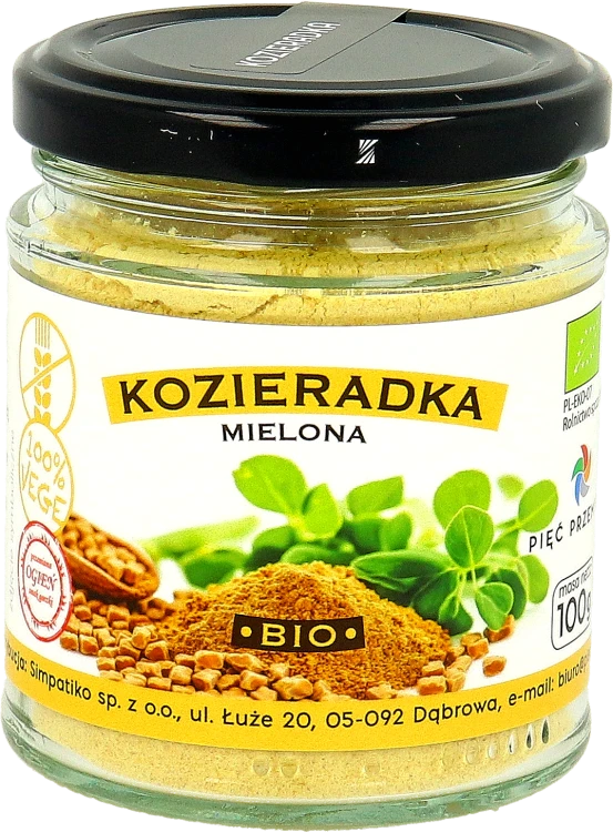 Kozieradka mielona BIO w szklanym słoiku. Masa netto przyprawy 100 g