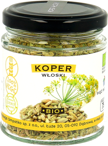 Koper włoski nasiona BIO w szklanym słoiku. Masa netto przyprawy 75 g