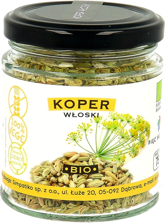 Koper włoski nasiona BIO w szklanym słoiku. Masa netto przyprawy 75 g