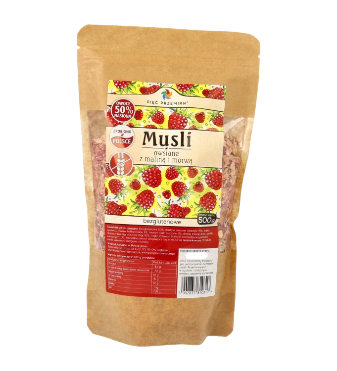 Musli owsiane z maliną i morwą bezglutenowe torebka 500g.png