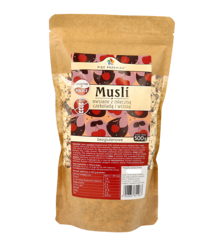 Musli owsiane z mleczną czekoladą i wiśnią bezglutenowe torebka 500g.png