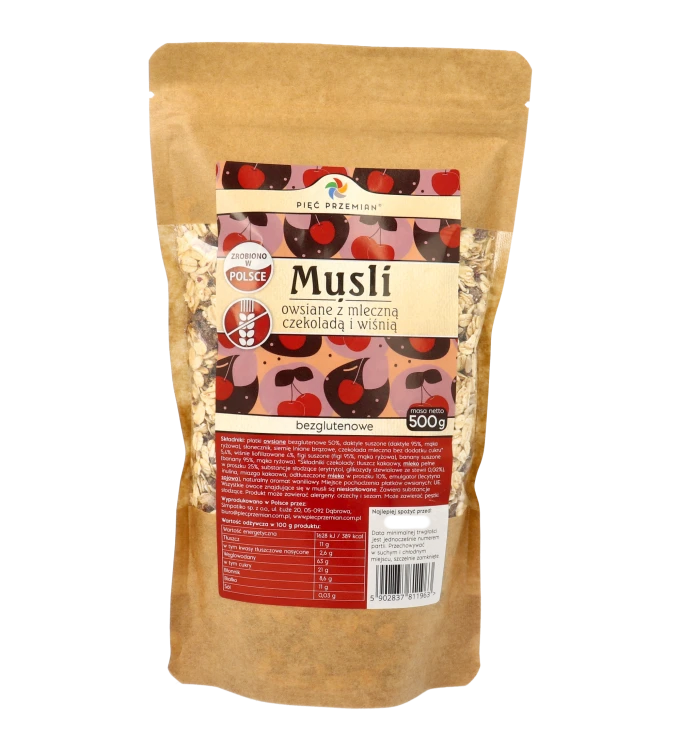 Musli owsiane z mleczną czekoladą i wiśnią bezglutenowe torebka 500g.png