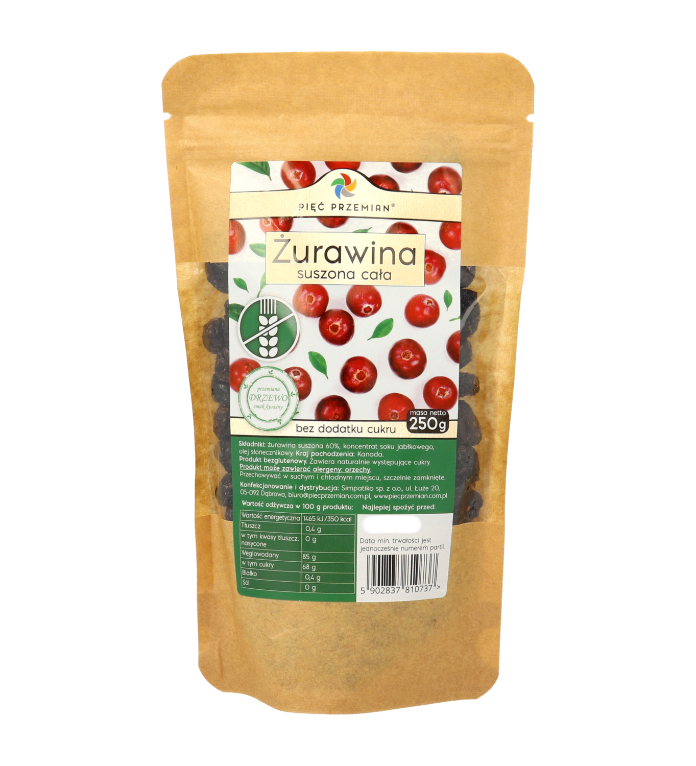 Żurawina suszona z sokiem jabłkowym cała 250 g 