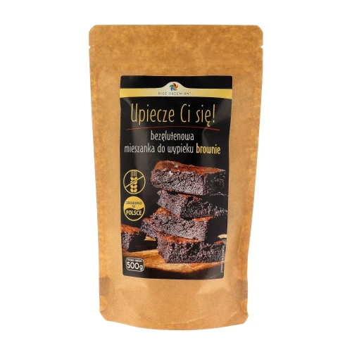 Zdjęcie przedstawia torebkę papierową z etykietą. W torebce znajduje się mieszanka do wypieku brownie bezglutenowego.webp