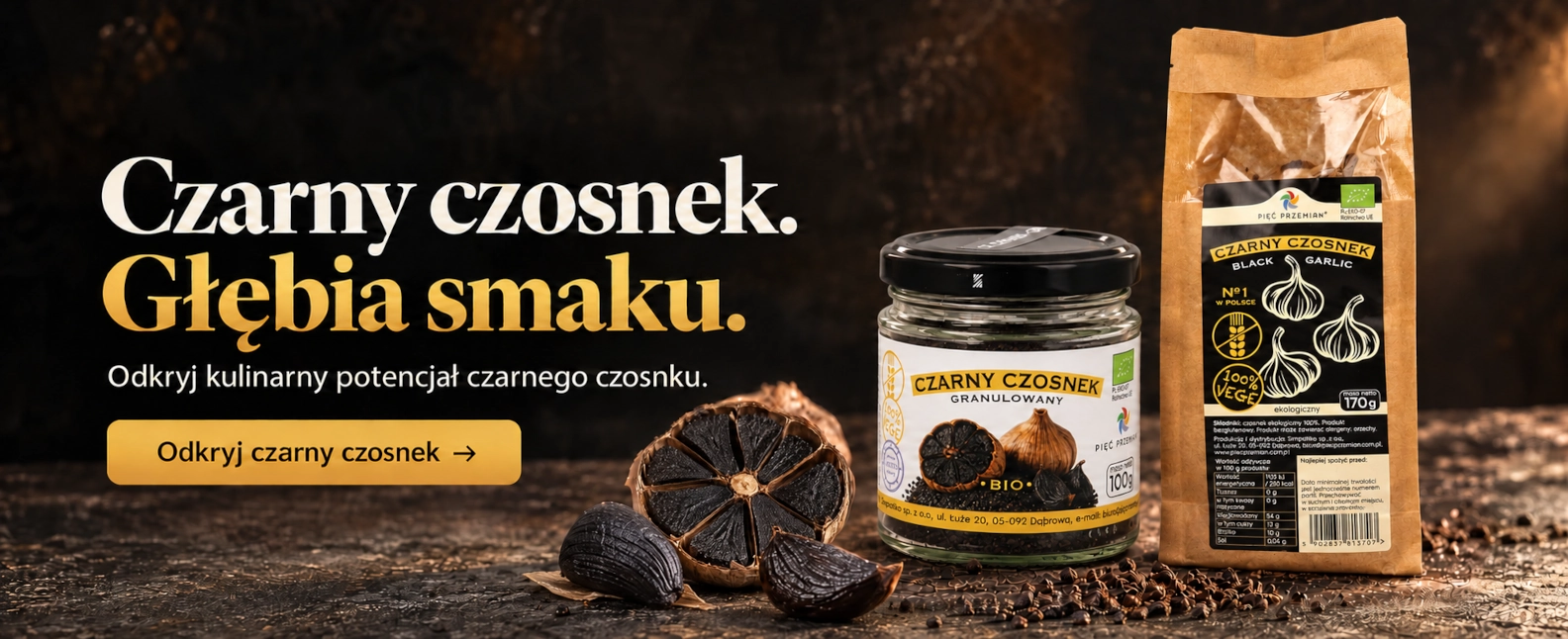 Baner na którym jest przedstawiony czarny czosnek