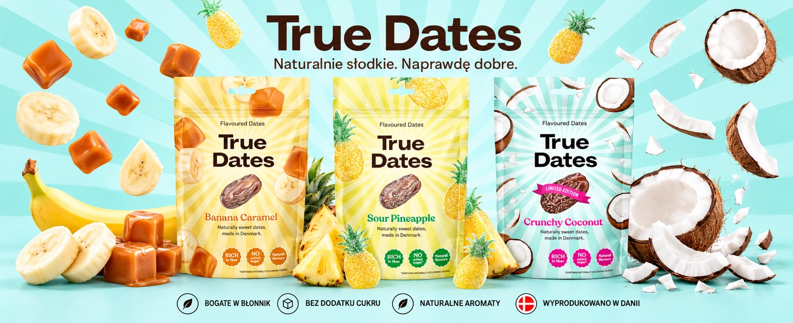 Baner przedstawiajacy przekąski daktylowe w róznych smakach