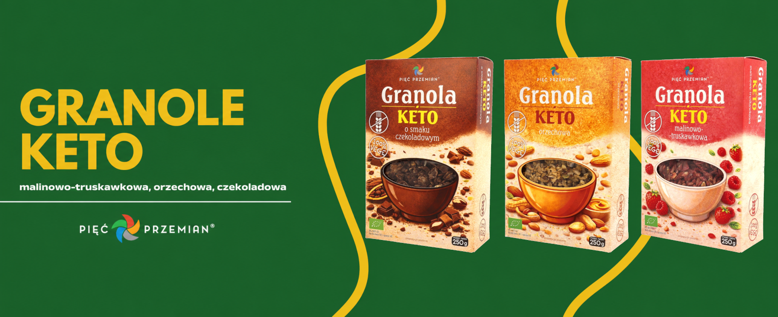 Baner na którym jest przedstawiony produkt granoli w trzech smakach